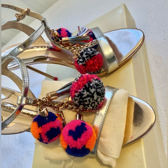Sophia Webster LAYLA POM POM T-BAR.  Silver and Rose Gold Heels with Pom-Poms - Picture 11 of 16